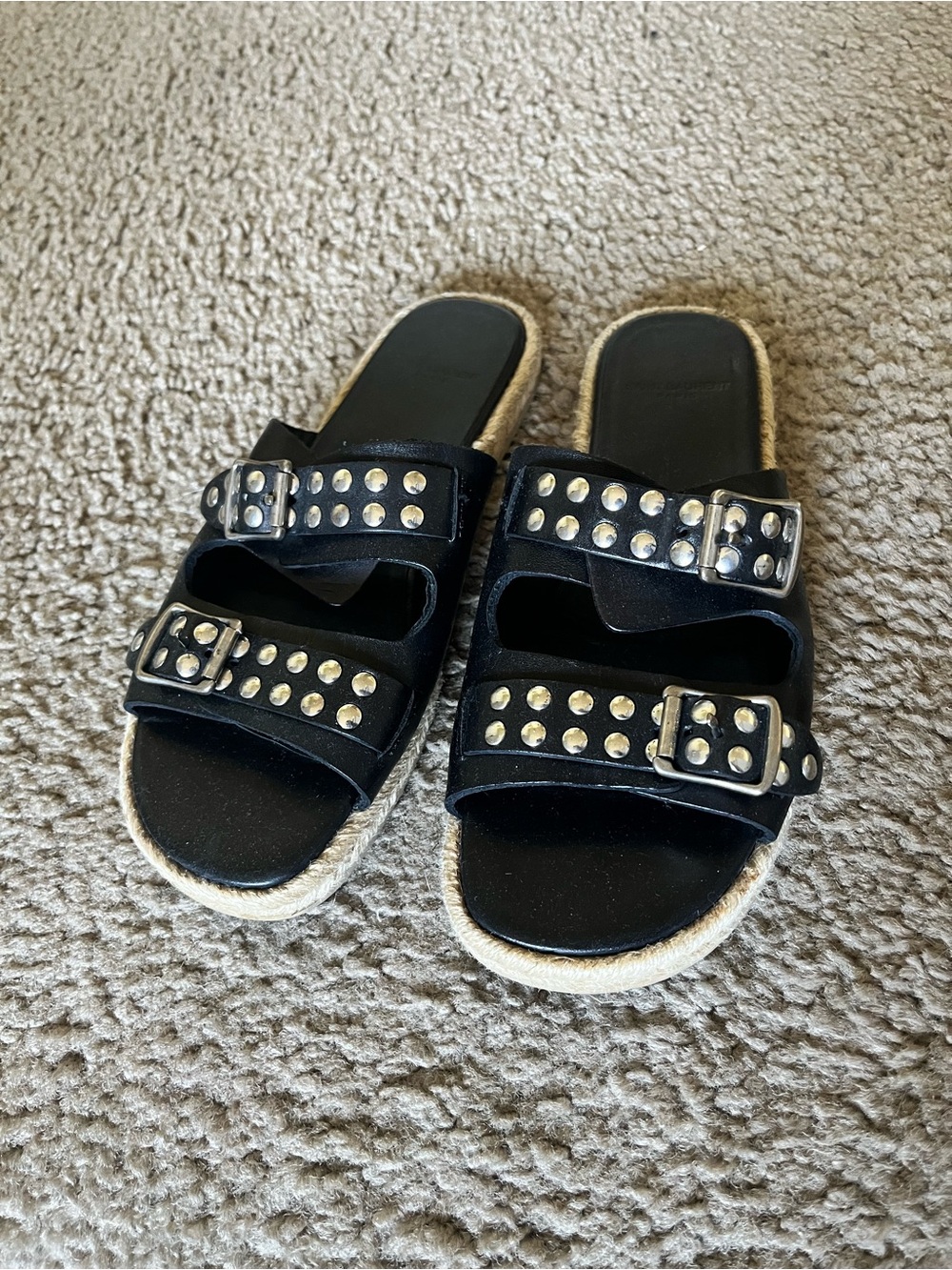 YSL Black Studded Double-Buckle Slide Sandals